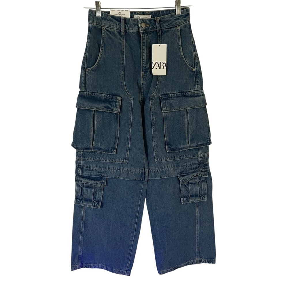 NWT Zara Relaxed Fit Multi Pocket Cargo Jeans Size 34 - Picture 2 of 7